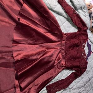 Burgundy long sleeve lace top dress short front long back
